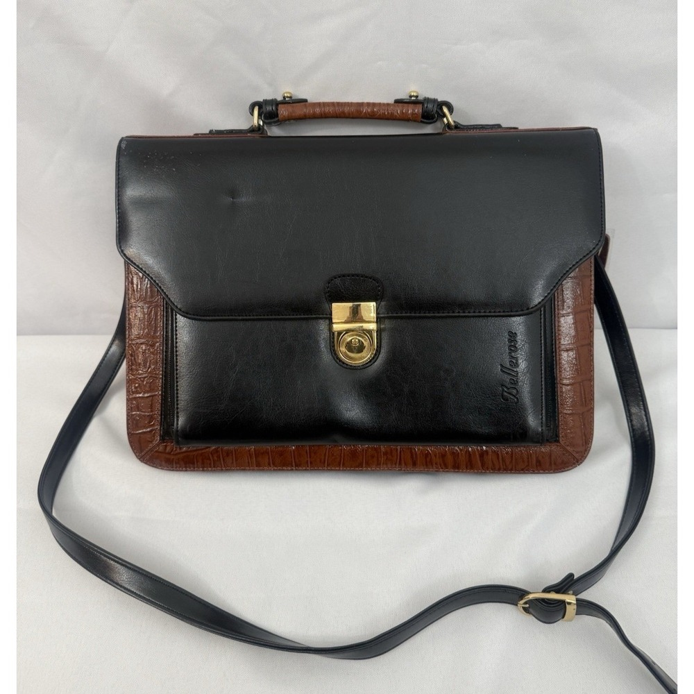 BelleRose‎ Black & Brown Leather Croc Print  Messenger Bag Laptop Briefcase Vtg